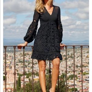 SWISS DOT AND LACE LONG-SLEEVE FIT &FLARE DRESS